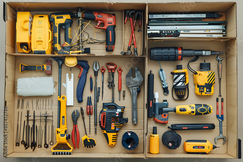 Construction tools and equipments in paper box. photo