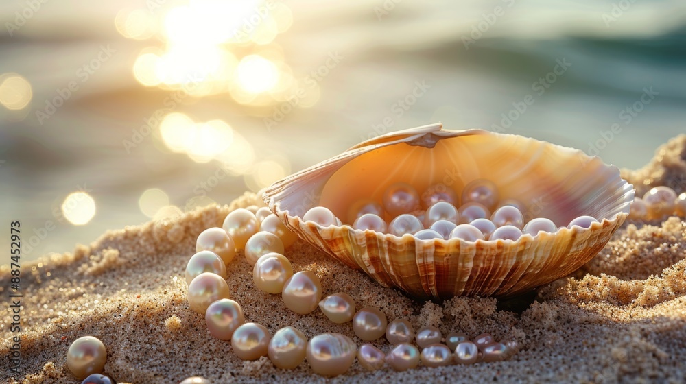 Lots of pearls in a shell on the sand by the sea. Shell with pearls Lots of pearls in a shell on the sand by the sea. Shell with pearls