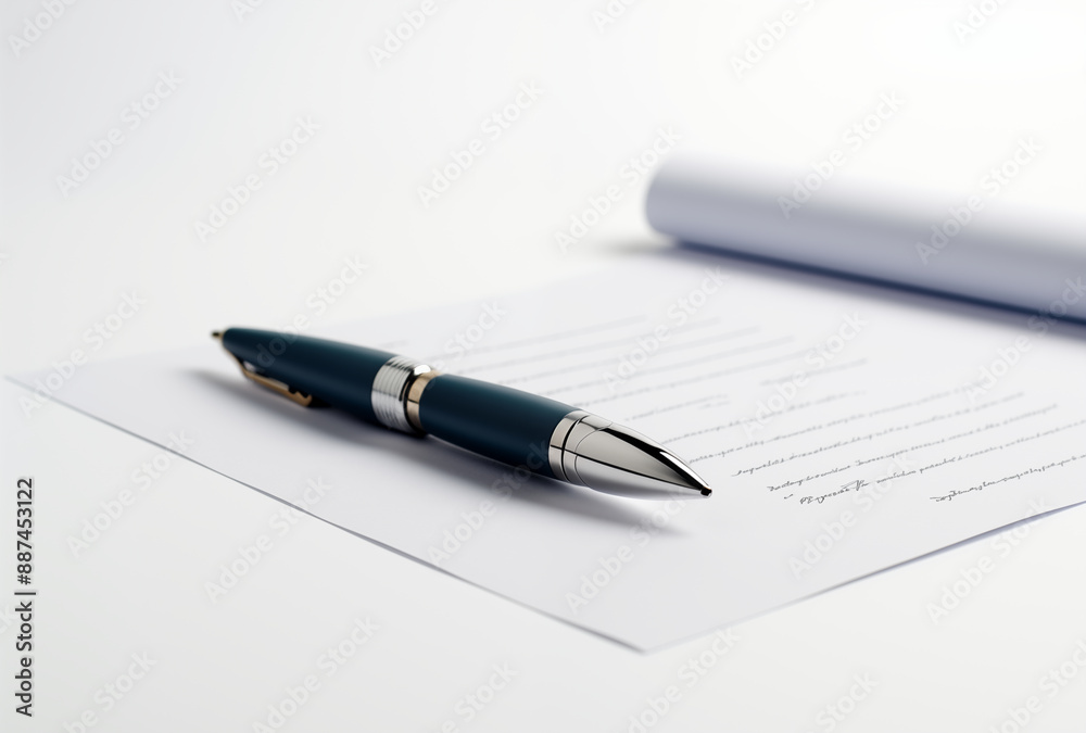 Closeup Of A Blue And Silver Fountain Pen On Top Of A Document With White Background Closeup Of A Blue And Silver Fountain Pen On Top Of A Document With White Background