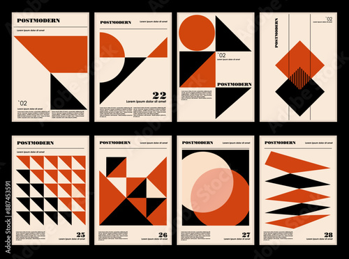 Artworks, posters inspired postmodern of vector abstract dynamic symbols with bold geometric shapes, useful for web background, poster art design, magazine front page, hi-tech print, cover artwork.