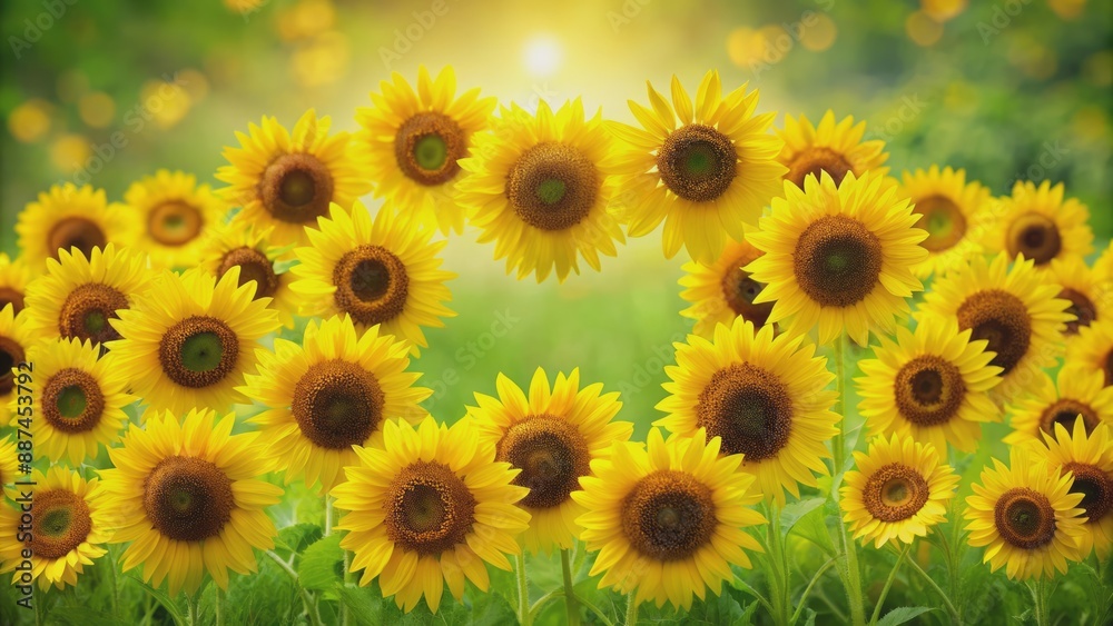 Vibrant yellow sunflowers meticulously arranged in a heart shape composition against a soft focus green meadow background scenery. Vibrant yellow sunflowers meticulously arranged in a heart shape composition against a soft focus green meadow background scenery.