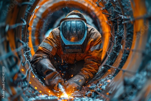 Industrial 4.0 welder working on pipeline construction for nlg transport in green energy sector photo