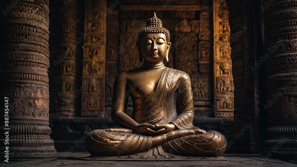 Fototapeta premium A giant gold-plated Buddha statue in a Thai temple reflects the country's rich Buddhist culture and artistry