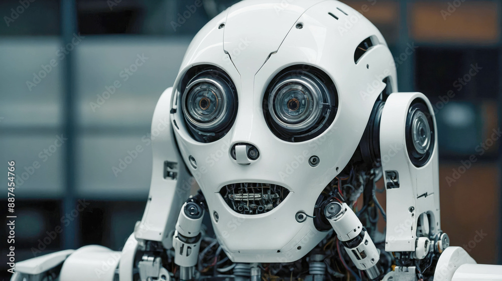 Fototapeta premium A white-faced robot with detailed mechanical parts, showcasing advanced robotics technology