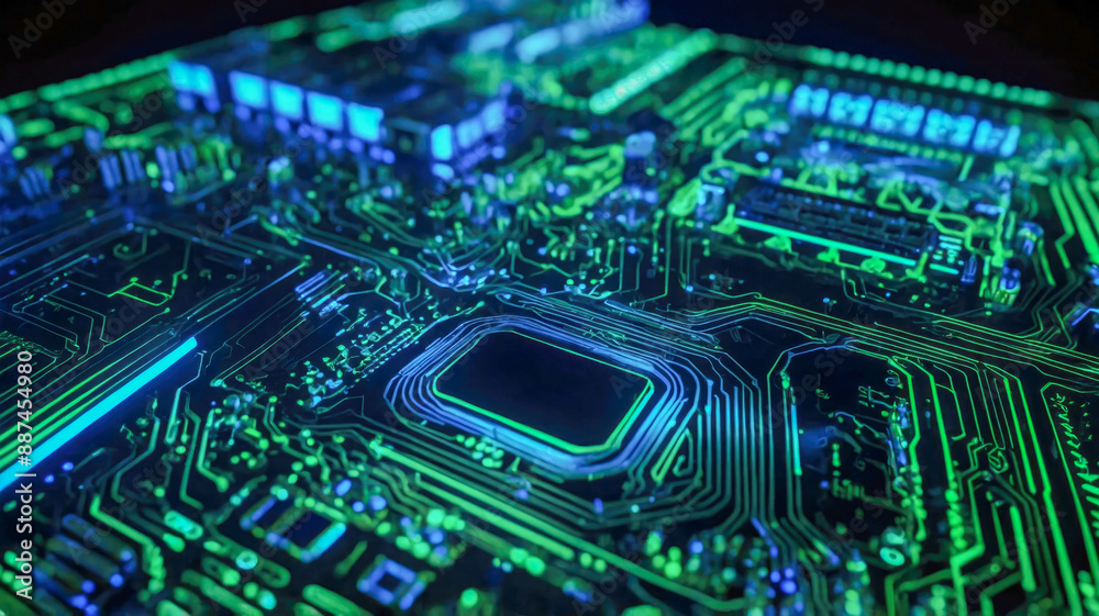 Close-up of a futuristic circuit board glowing with green and blue lights Close-up of a futuristic circuit board glowing with green and blue lights