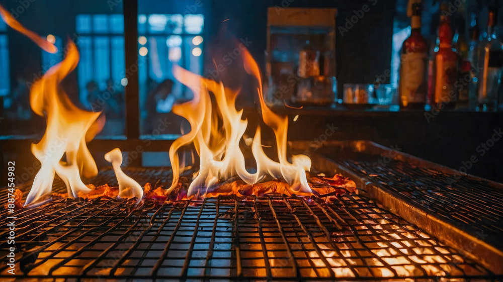 Flaming grill at an outdoor party, with a bottle of wine in the background Flaming grill at an outdoor party, with a bottle of wine in the background