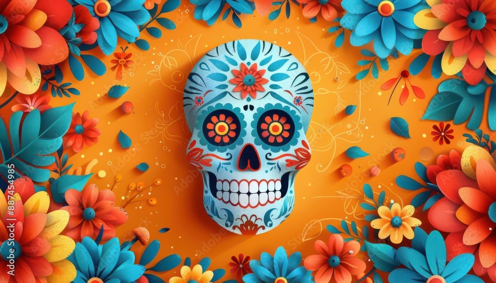 Colorful Day of the Dead sugar skull surrounded by vibrant floral decorations on an orange background, celebrating Mexican traditions. Colorful Day of the Dead sugar skull surrounded by vibrant floral decorations on an orange background, celebrating Mexican traditions.