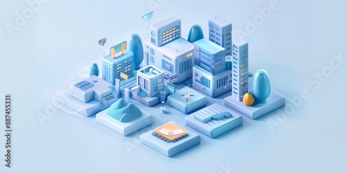 Abstract Futuristic 3D Render Minimalistic Style with Floating Geometric Shapes Isometric Design, Light Color Theme, Bright Background, and Soft Lighting