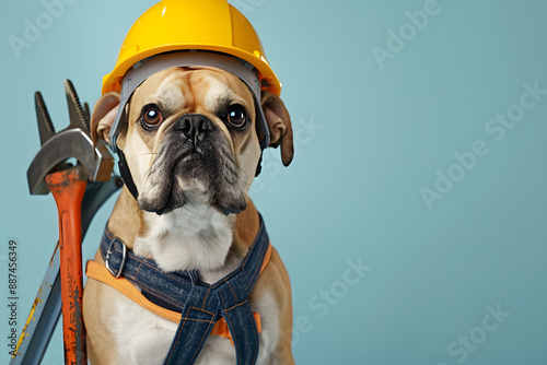 Cute dog with construction helmet on color background. Happy Labor Day.