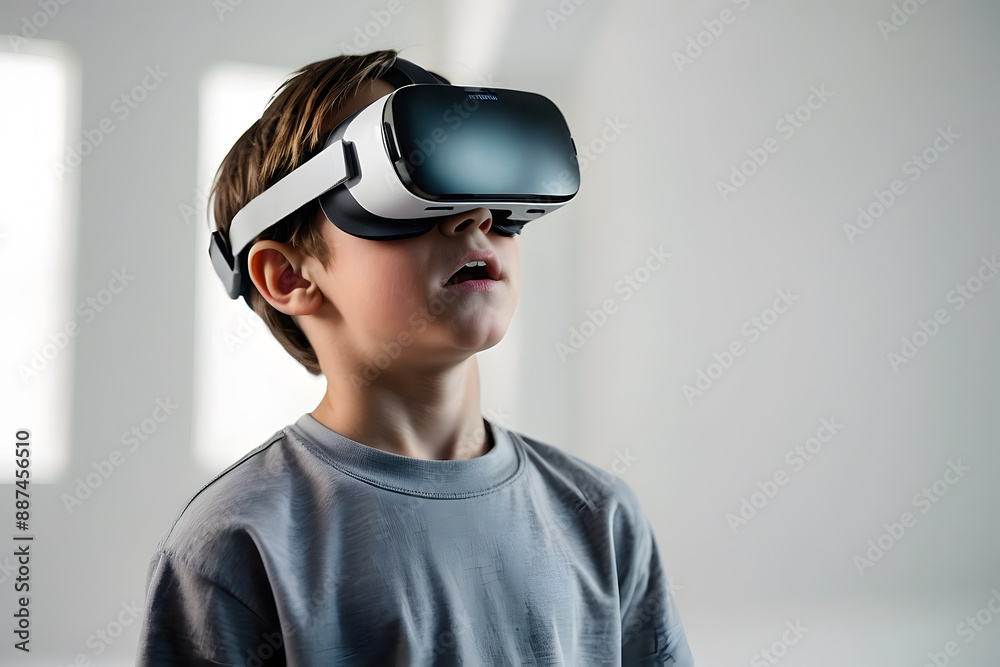 A kid wearing a VR headset and enjoying the modern technology A kid wearing a VR headset and enjoying the modern technology