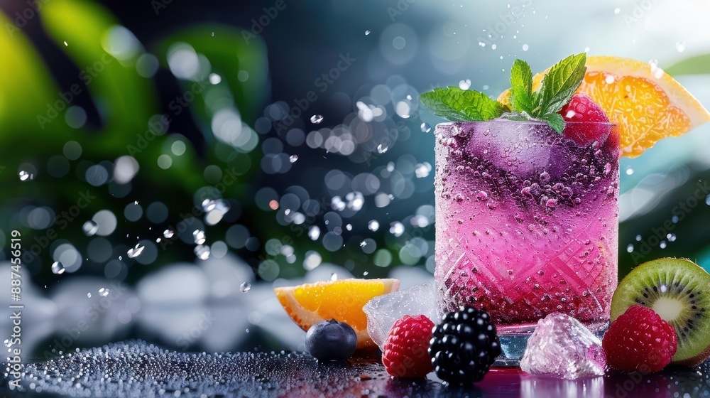 Closeup of a colorful cocktail with ice and mixed fruit garnish, highresolution, highquality, sharp focus, vibrant details, natural lighting, photorealistic setting Closeup of a colorful cocktail with ice and mixed fruit garnish, highresolution, highquality, sharp focus, vibrant details, natural lighting, photorealistic setting