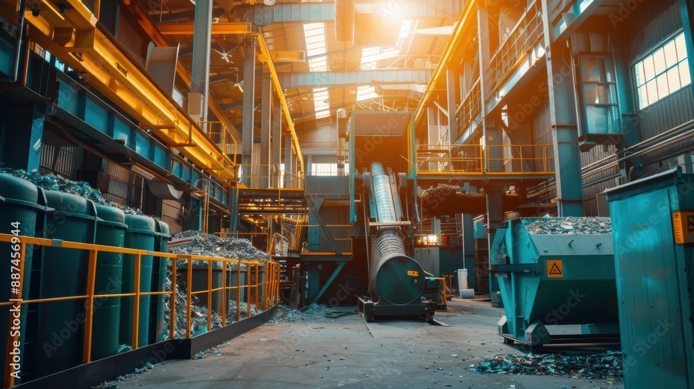 Fototapeta premium An industrial scene filled with recycling machinery and materials, highlighting large-scale waste processing.