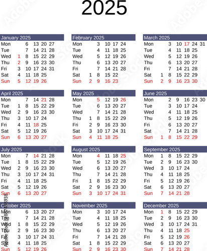 year 2025 calendar in English with United Kingdom holidays