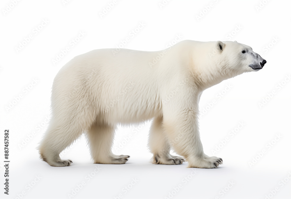 Side View of a Polar Bear Against a White Background Highlighting Its Fluffy White Fur and Strong Build Side View of a Polar Bear Against a White Background Highlighting Its Fluffy White Fur and Strong Build