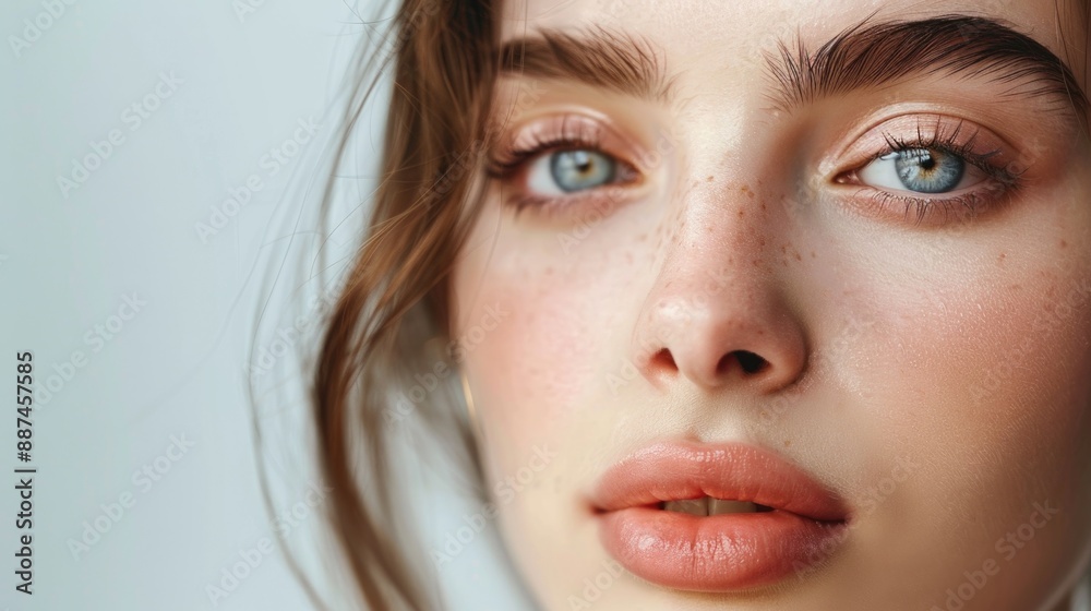 Close-up of a woman's face featuring freckles Close-up of a woman's face featuring freckles