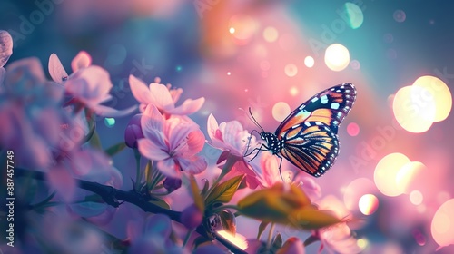 Wallpaper Mural Close-up perspective of colorful butterfly perched on branch of blooming cherry tree with soft lighting on blurred background. Torontodigital.ca