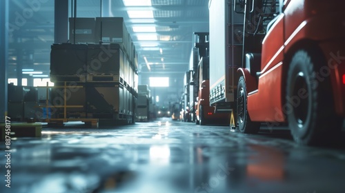 A red forklift operates under dim lighting in a warehouse, highlighting an atmospheric and moody scene.