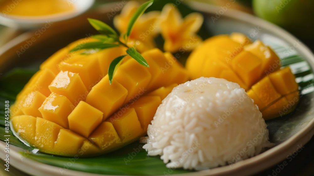 Delicious Thai mango sticky rice with cut fresh mango fruit in plate on gray table background. Delicious Thai mango sticky rice with cut fresh mango fruit in plate on gray table background.