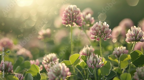 Close-up perspective of swaying clover flowers in a field with fresh green leaves and soft light on a blurry background.