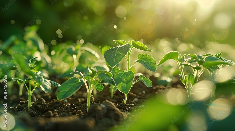 Close-up perspective of lush, green potato plant growth in field with soft light on blurry background Close-up perspective of lush, green potato plant growth in field with soft light on blurry background