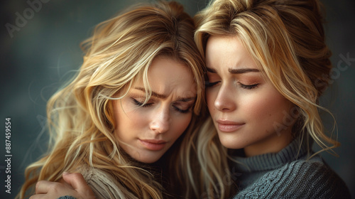 Two young affectionate women standing in an embrace with their eyes closed and expressing love for each other.