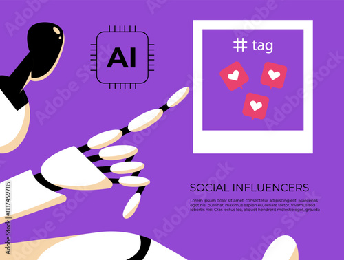 Popular celebrity account. Ai Robot sowing the photo with likes. Social networks and online publishing. Blogger and followers, opinion leader and influencer. Cartoon flat vector illustration.