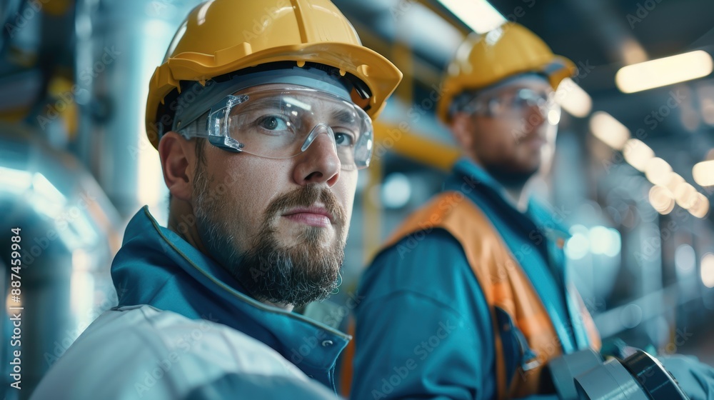 Male engineers in hard hats and safety glasses observing factory operations with keen focus. Male engineers in hard hats and safety glasses observing factory operations with keen focus.