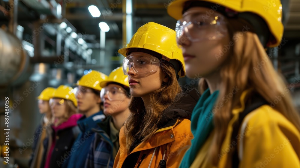 Young workers in yellow hard hats and safety glasses focused on a discussion in an industrial environment.