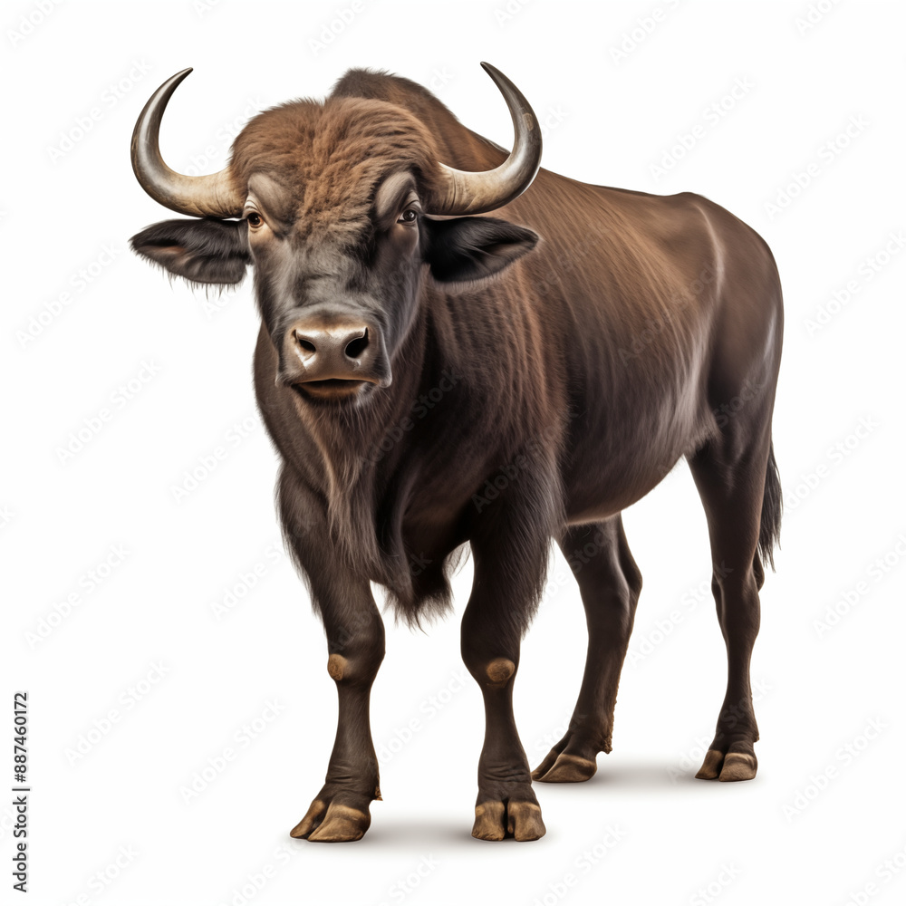 Powerful Bison With Large Curved Horns Standing on White Background Showcasing Its Strength and Presence Powerful Bison With Large Curved Horns Standing on White Background Showcasing Its Strength and Presence