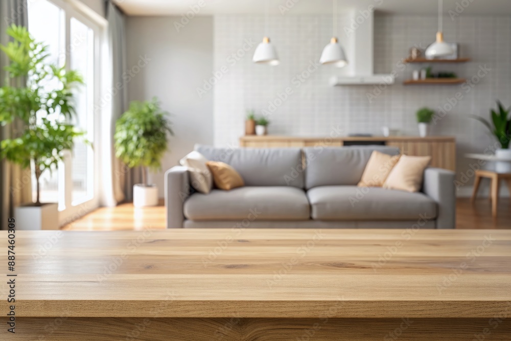 Fototapeta premium Minimalist empty table isolated on a blurred living room background, ideal for product display, showcasing textures and colors with a clean and modern aesthetic.