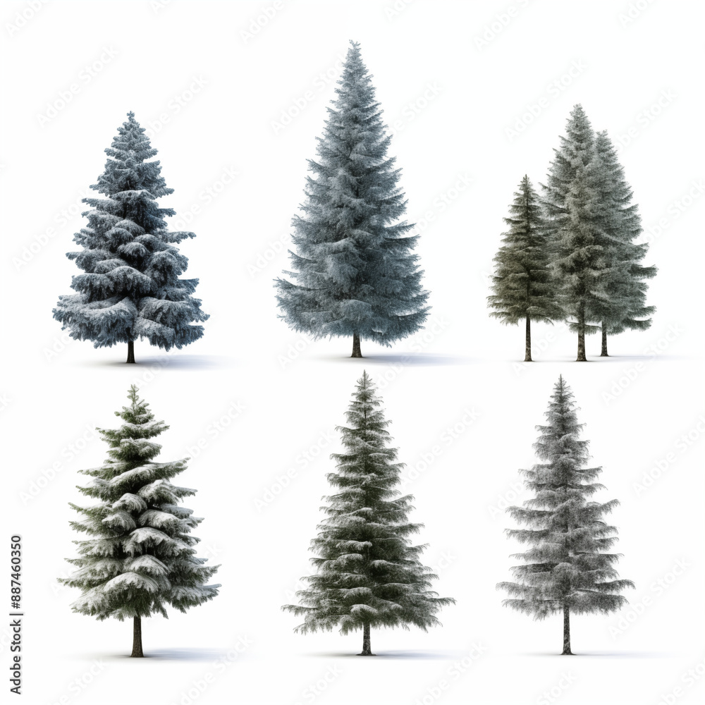 Six Different Snowy Pine Trees Arranged In A Row On A White Background Six Different Snowy Pine Trees Arranged In A Row On A White Background
