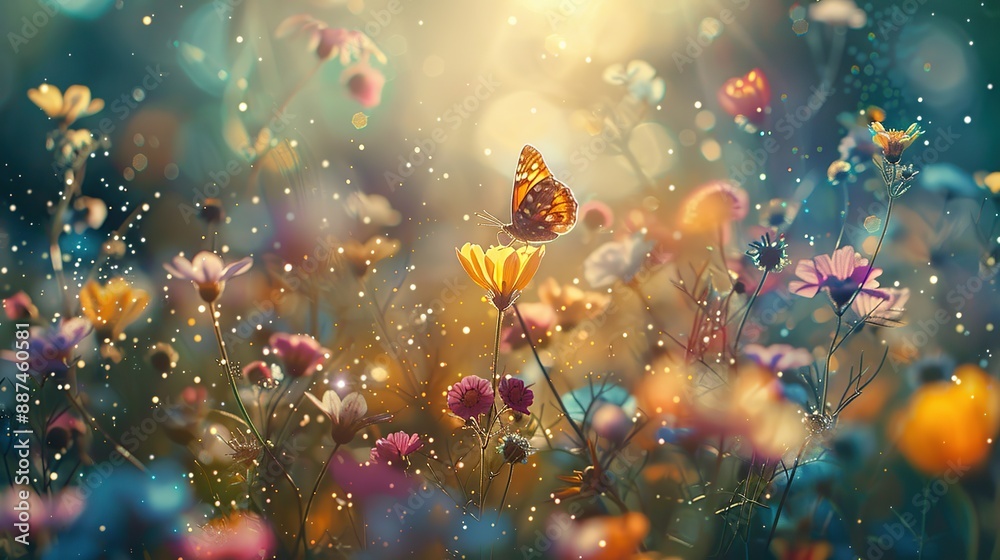 Macro photo of a vibrant wildflower meadow with butterflies fluttering around and soft light on a blurry background. The view is peaceful and serene. Macro photo of a vibrant wildflower meadow with butterflies fluttering around and soft light on a blurry background. The view is peaceful and serene.