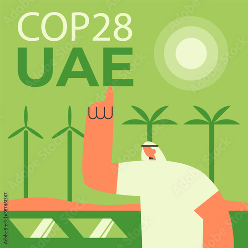 Illustration of the 2023 United Nations Climate Change Conference COP28 UAE. Muslim man. Flat vector illustration.