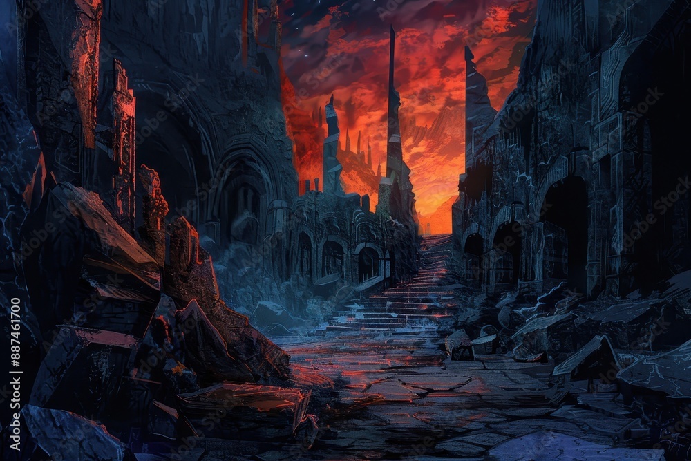 Obraz premium Mysterious ruins of an ancient forgotten city bathed in the light of a setting sun