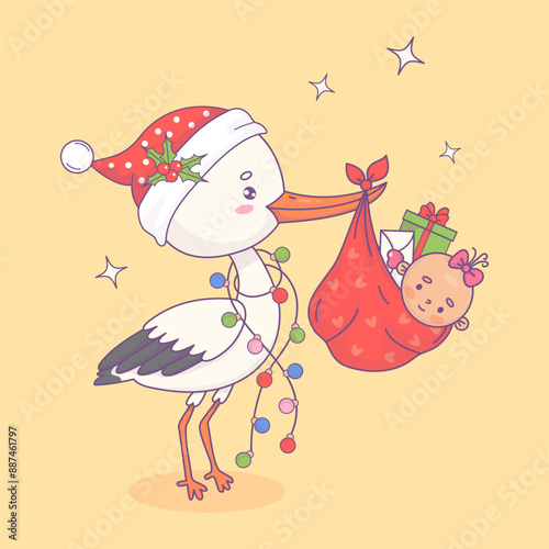 Christmas Cute stork in Santa hat with festive garland and baby girl in bag with New Year gifts . Funny cartoon bird kawaii and holiday arrival of infant. Vector illustration. Kids collection