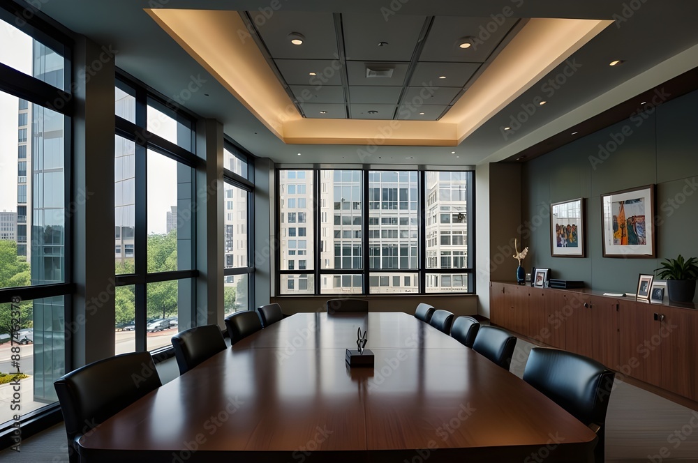 A conference room with a desk and a wall of windows A conference room with a desk and a wall of windows
