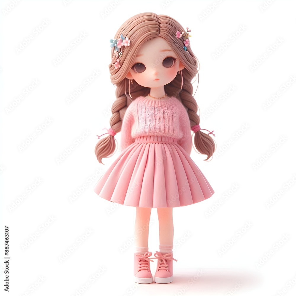 A cartoon girl with pigtails wearing a pink dress, 3D style, stands in the center of the image. A cartoon girl with pigtails wearing a pink dress, 3D style, stands in the center of the image.