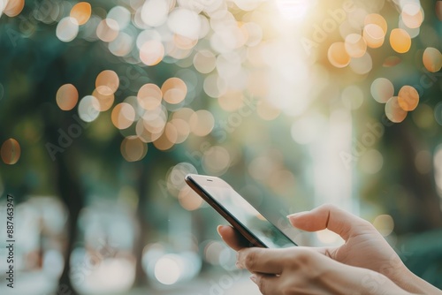 Stay Connected: Person's Hand Holding Smartphone with Notification Alerts, Focus on Screen, Blurred Outdoor Background