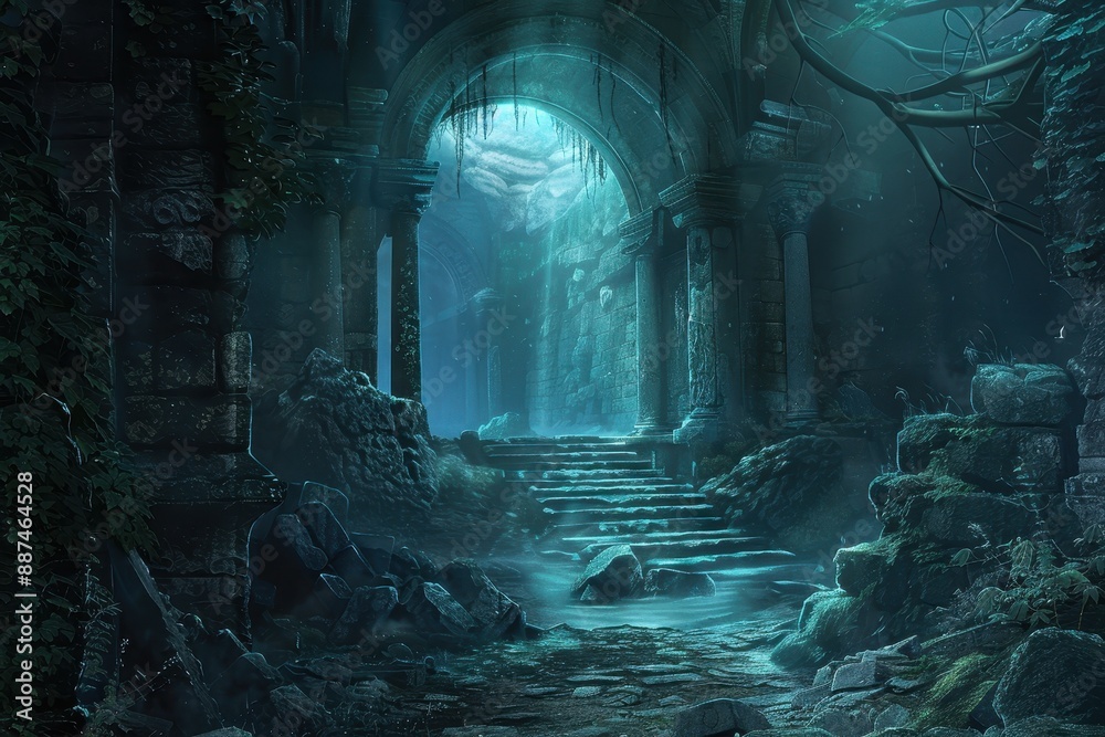 Ancient temple ruins overgrown with moss and vines in a mysterious underwater world