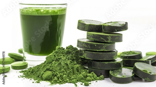 A close-up shot of spirulina algae in various forms, including powder, tablets, and a glass of spirulina juice photo