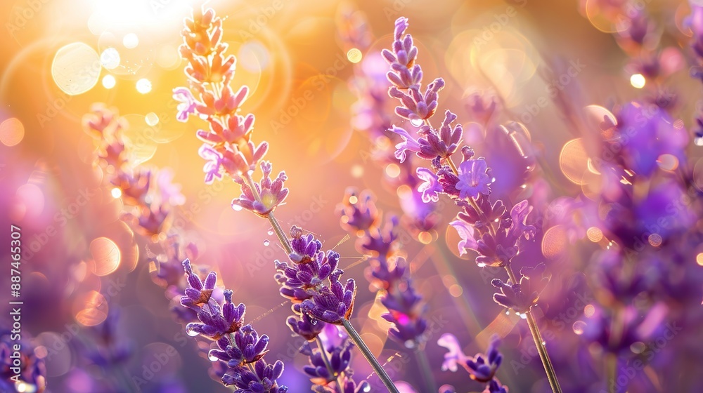 Intimate view of lavender flowers in a field with subtle golden sunlight on a blurry background. The concept of a warm and inviting atmosphere Intimate view of lavender flowers in a field with subtle golden sunlight on a blurry background. The concept of a warm and inviting atmosphere