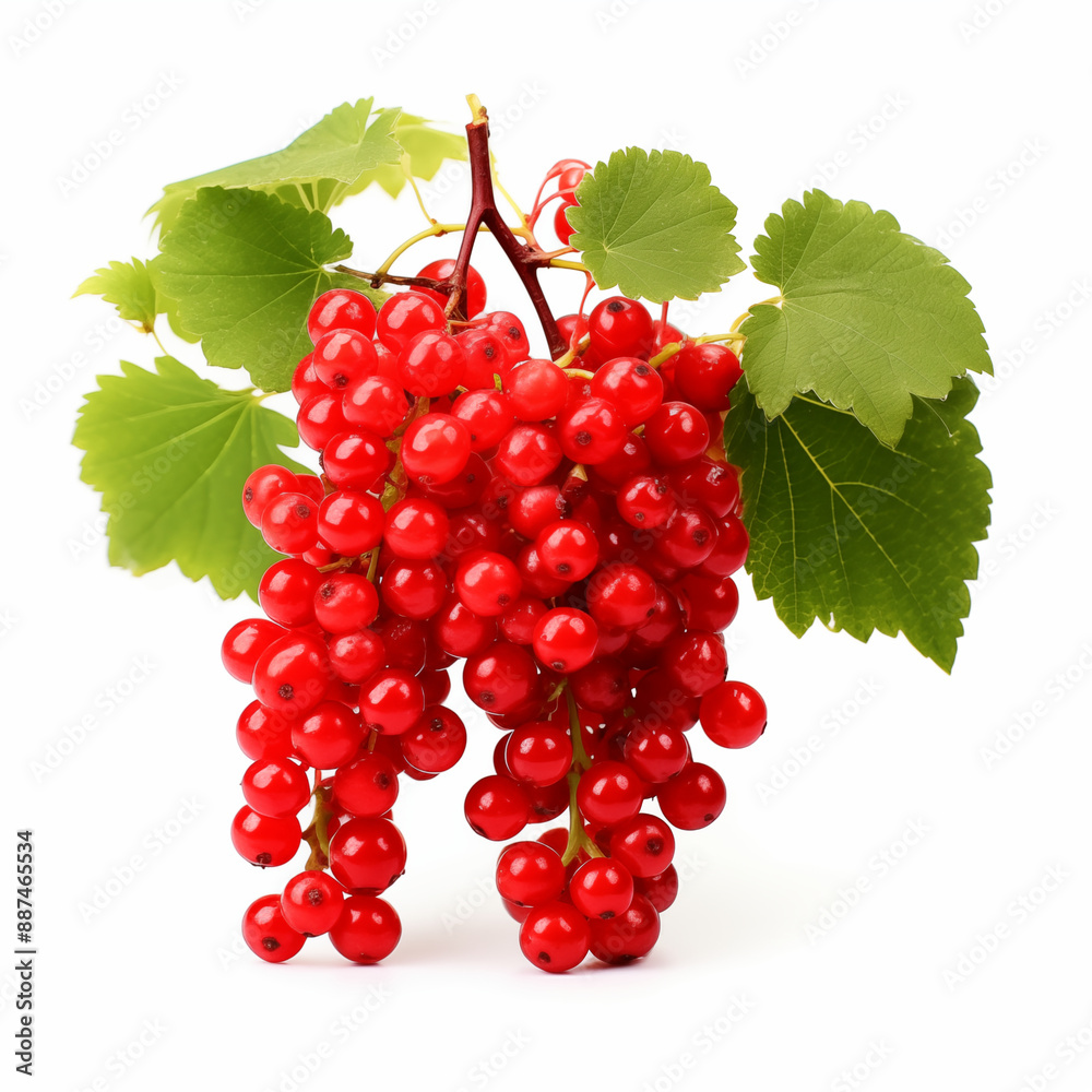 Cluster of Fresh Red Currants with Green Leaves on White Background Cluster of Fresh Red Currants with Green Leaves on White Background