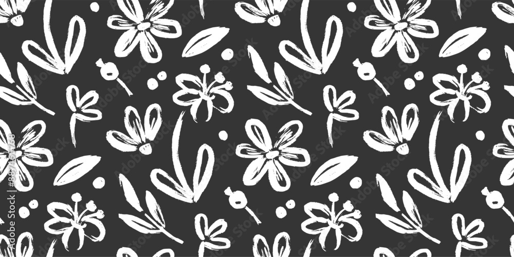 Flower brush seamless pattern. Floral abstract hand drawn brush paint background. Sketch hand drawn leaf floral paint seamless pattern. Chalkboard texture flower background. Vector illustration Flower brush seamless pattern. Floral abstract hand drawn brush paint background. Sketch hand drawn leaf floral paint seamless pattern. Chalkboard texture flower background. Vector illustration