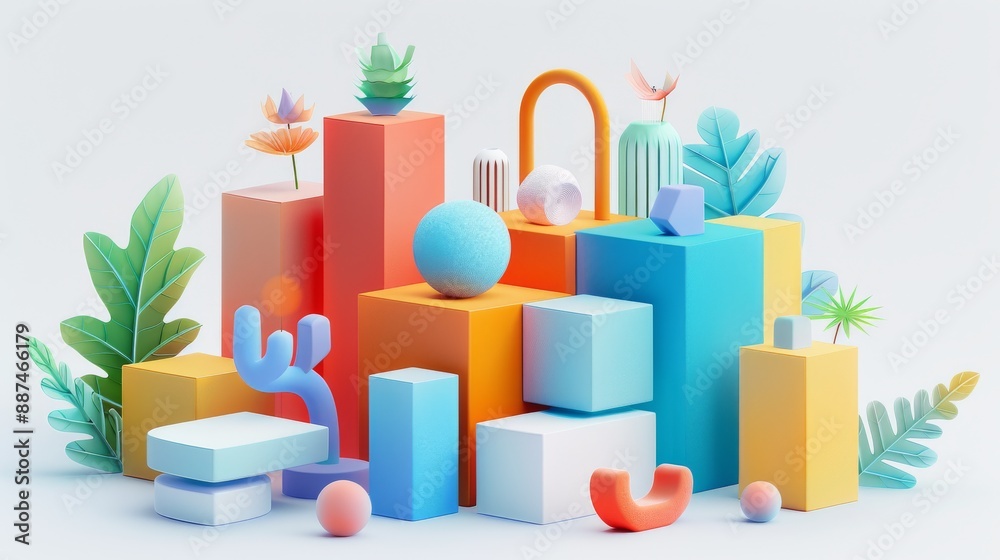 Fototapeta premium Abstract Futuristic 3D Render Minimalistic Style with Floating Geometric Shapes Isometric Design, Light Color Theme, Bright Background, and Soft Lighting