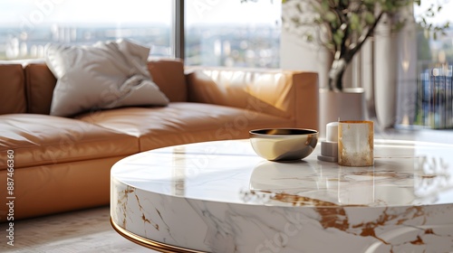 Marble coffee table, white marble with gold edges, round shape, in the center of an open space living room with large windows and modern furniture.
