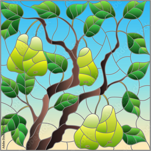 Illustration in the style of a stained glass window with the branches of pear  tree , the fruit branches and leaves against the sky