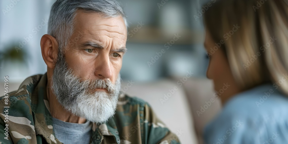 Obraz premium Middleaged soldier with gray beard seeks PTSD therapy from female psychologist. Concept PTSD Therapy, Female Psychologist, Middle-aged Soldier, Gray Beard, Mental Health