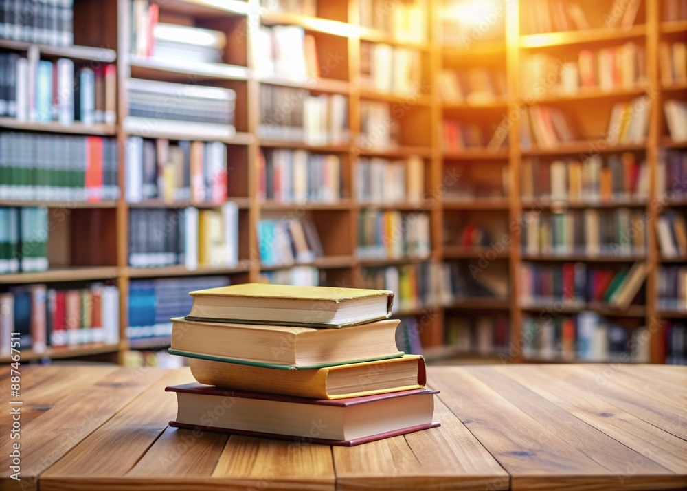 Book stack on wood desk and blurred bookshelf in the library room Book stack on wood desk and blurred bookshelf in the library room