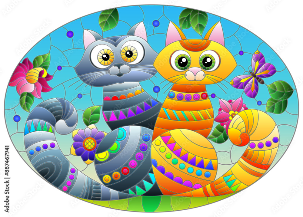 Fototapeta premium A stained glass illustration with a pair of cartoon cats in a meadow against a sky and flowers, oval image