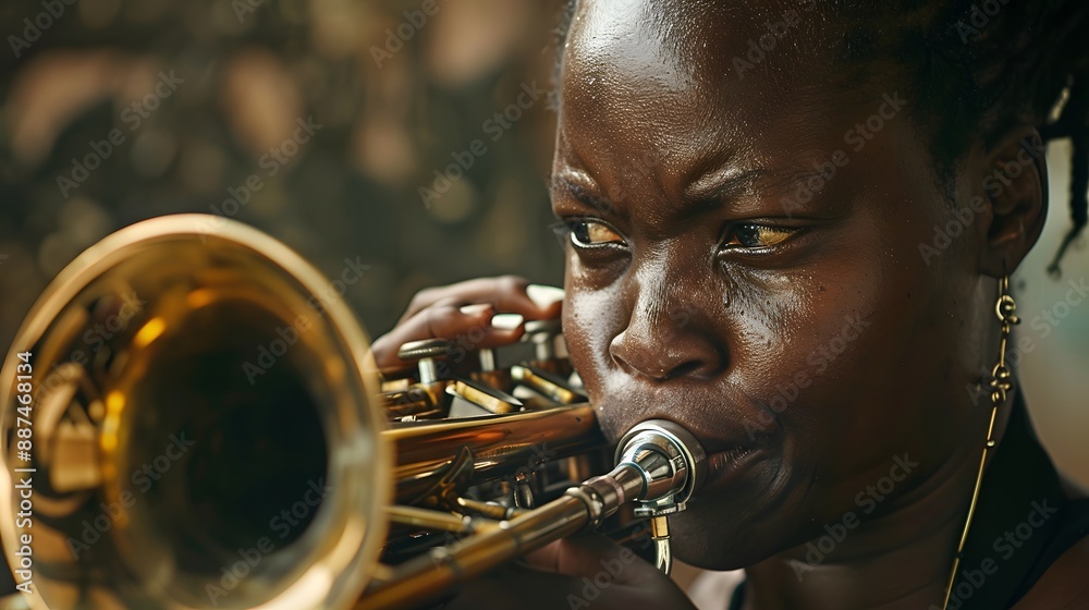 Obraz premium African female athlete listening music after workout. 